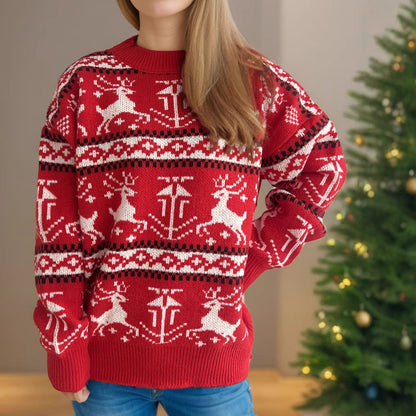 Women's Christmas Knit Sweater with Festive Reindeer Design and High Collar