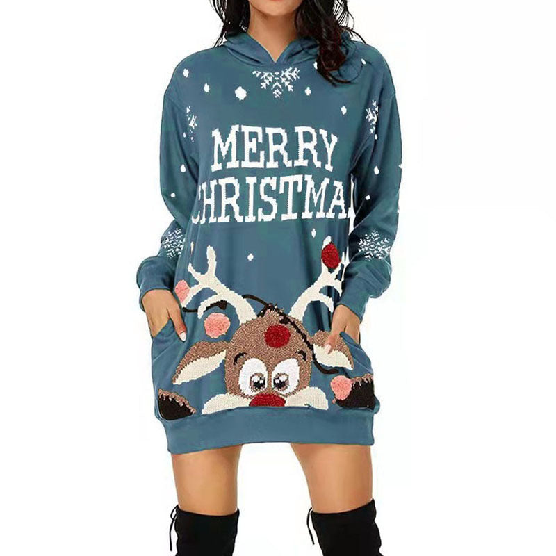 Women's Christmas Hooded Dress with Eye-Catching Reindeer Motif R&B
