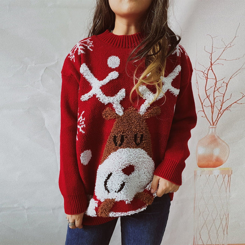 Women's Cozy Christmas Sweater with Funny Reindeer Motif R&B