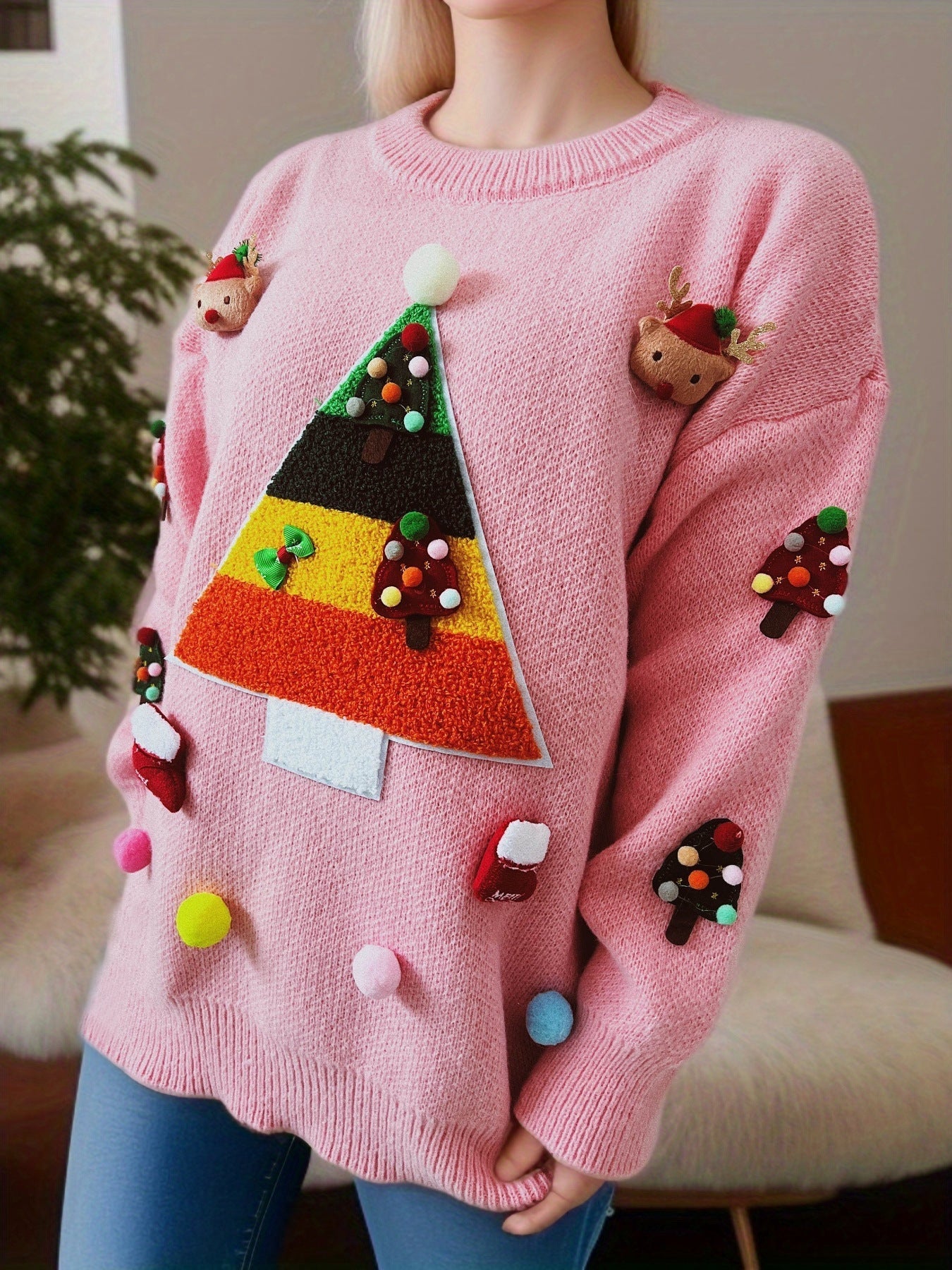 Women's Christmas Sweater with Festive 3D Motif and Decorative Appliqués R&B