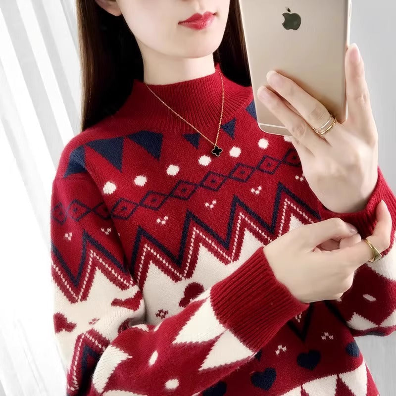 Women's Festive Knit Sweater in Modern Christmas Design with Geometric Pattern and Comfortable Crew Neck R&B