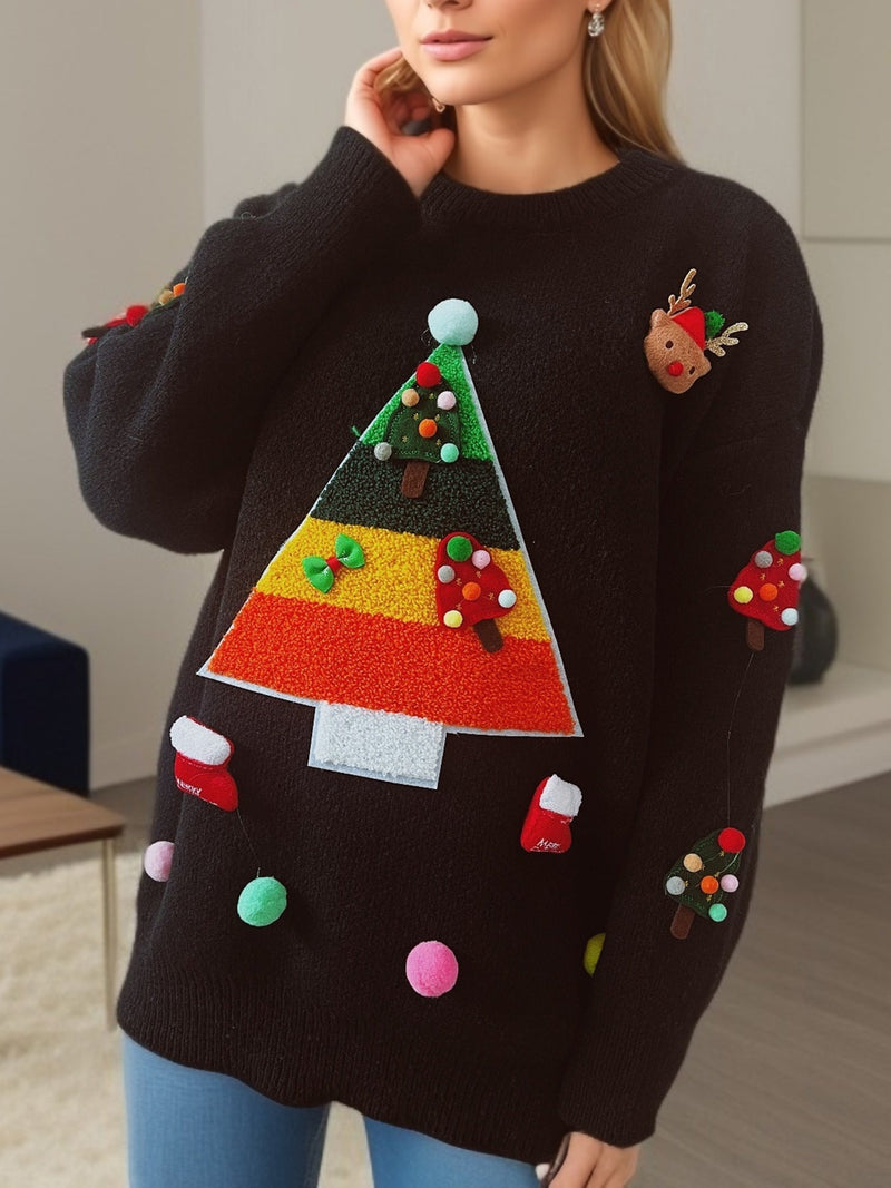 Women's Christmas Sweater with Cheerful Christmas Tree Design and 3D Appliqués R&B
