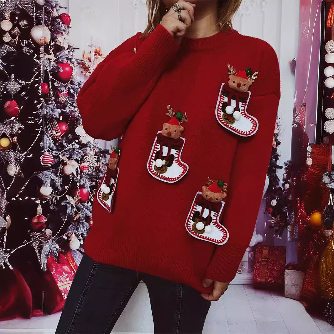 Women's Christmas Knit Sweater with Festive Reindeer Motif and 3D Details