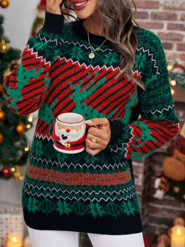 Women's Festive Christmas Knit Sweater with Animal Print Pattern and Casual Cut