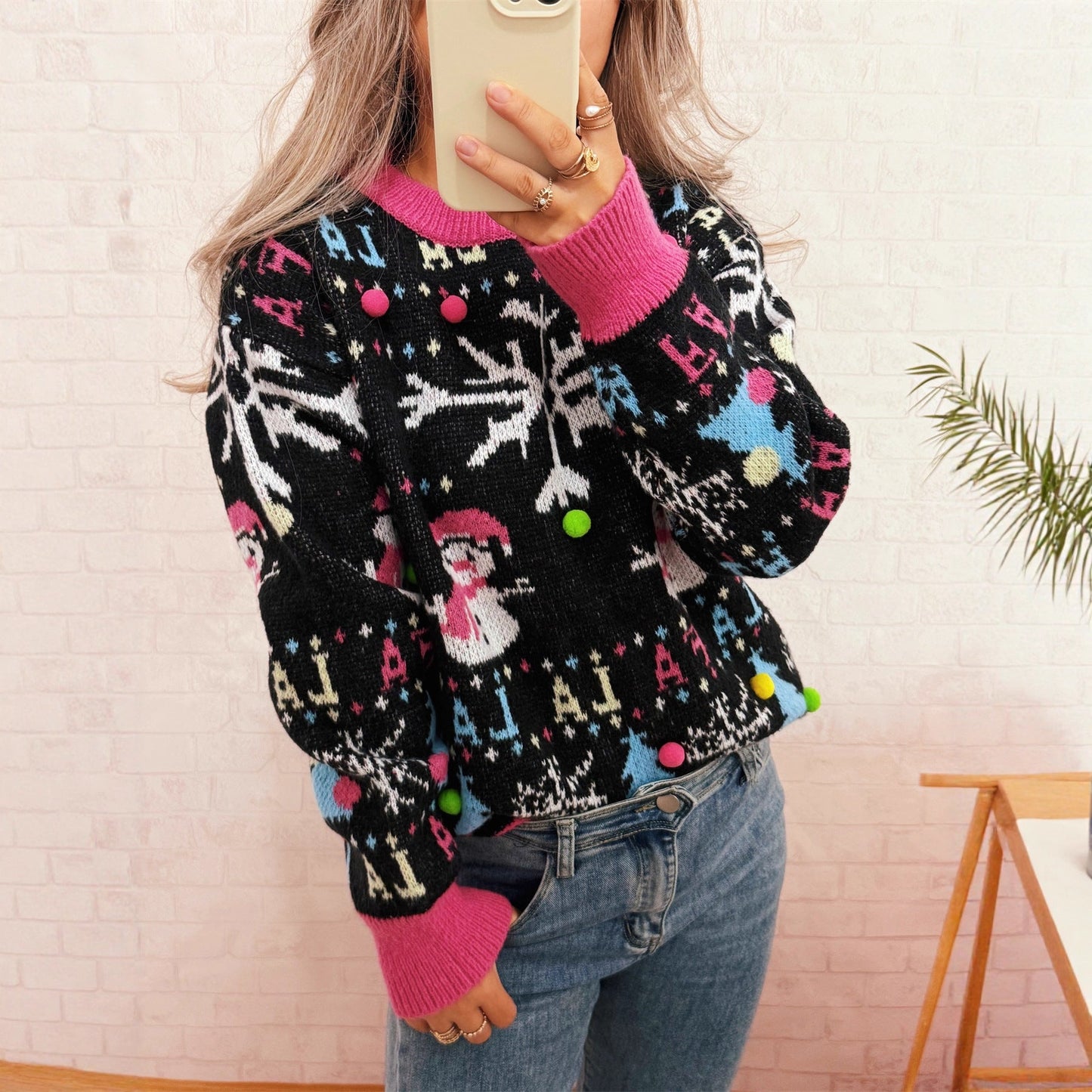 Women's Festive Sweater with Colorful Christmas Motifs and Playful Details