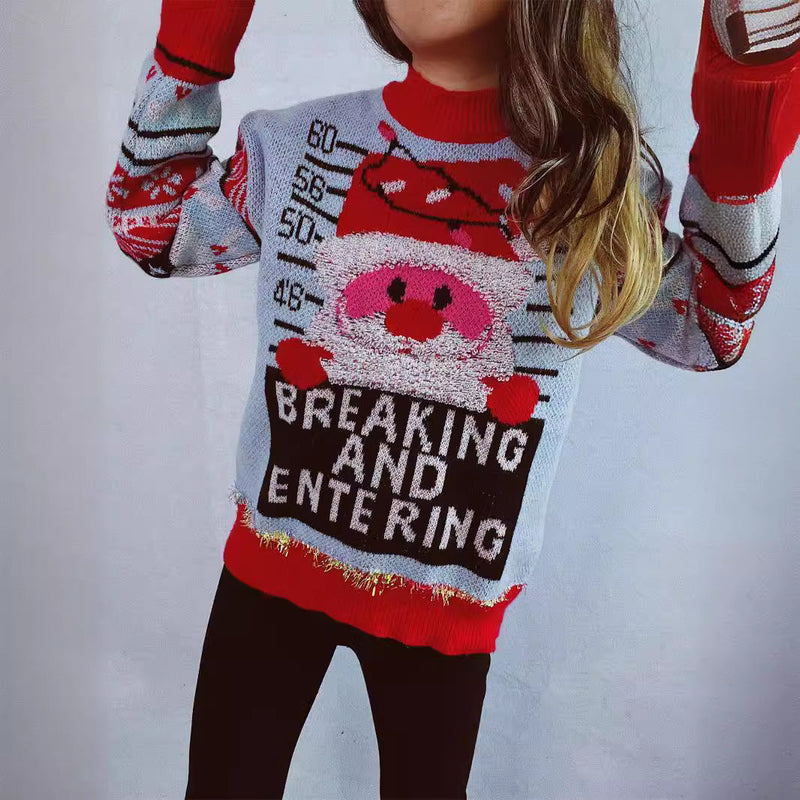 Women's Christmas Sweater with Festive Santa Motif and Shiny Accents