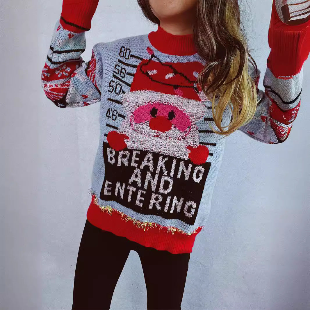 Women's Christmas Sweater with Festive Santa Motif and Shiny Accents R&B