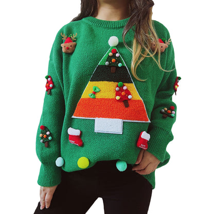 Women's Christmas Sweater with Festive 3D Motif and Decorative Appliqués