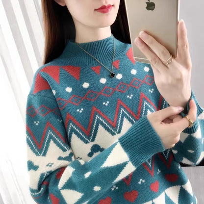 Women's Festive Knit Sweater in Modern Christmas Design with Geometric Pattern and Comfortable Crew Neck
