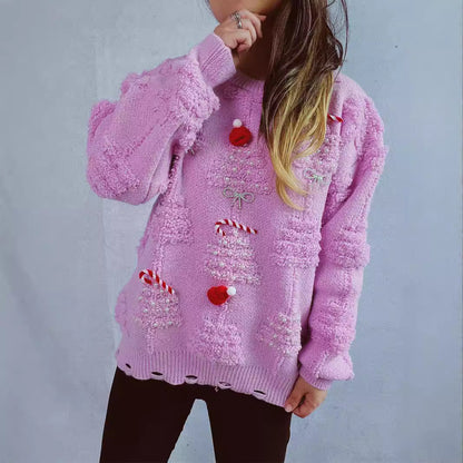 Women's Festive Sweater with Creative Christmas Motifs and Textured Design R&B