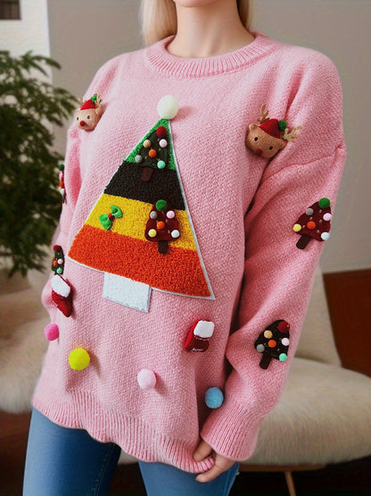 Women's Christmas Sweater with Cheerful Christmas Tree Design and 3D Appliqués R&B