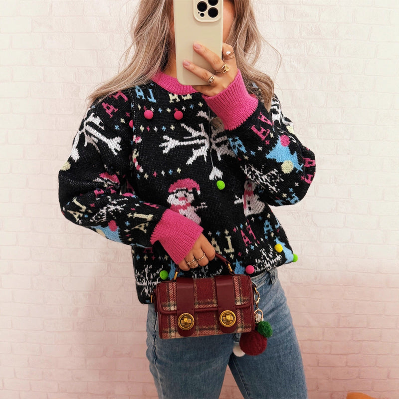 Women's Festive Sweater with Colorful Christmas Motifs and Playful Details