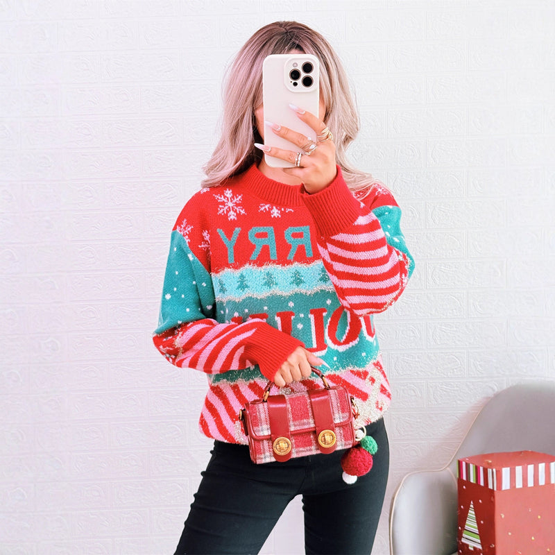 Women's Festive Knit Sweater with Creative Christmas Design