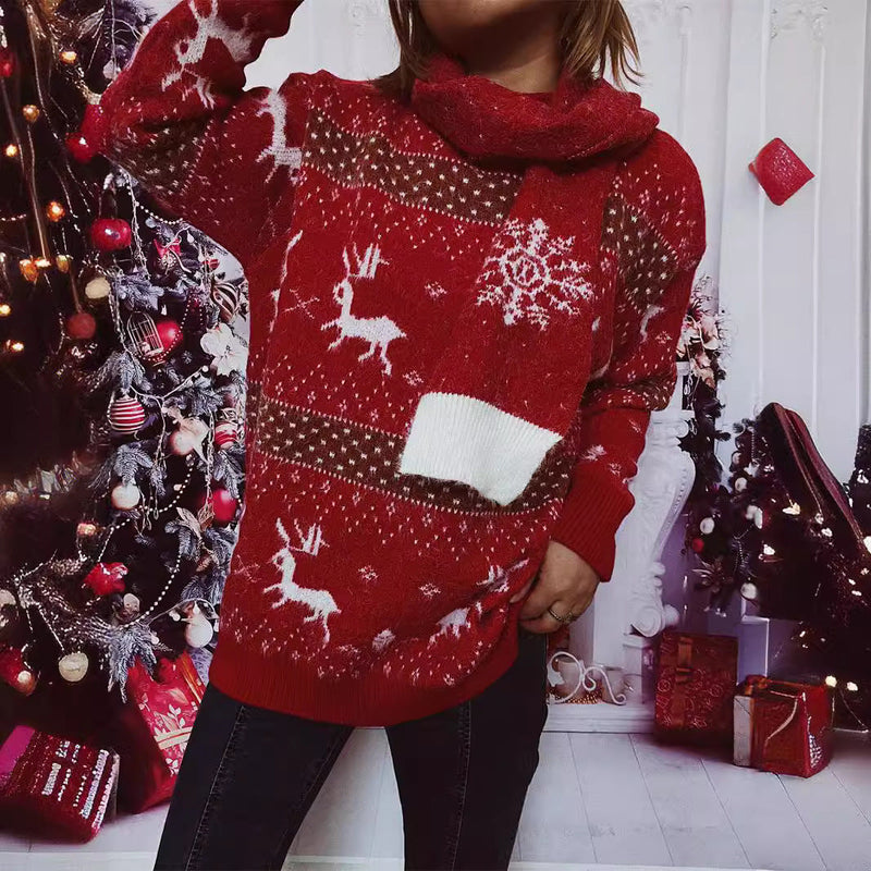Women's Knit Sweater with Festive Reindeer Motif and High Collar