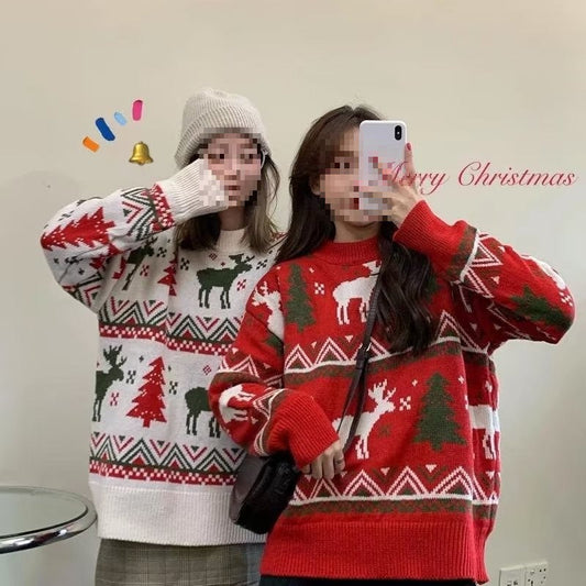 Women's Chunky Knit Sweater with Festive Reindeer Motif and Crew Neck R&B