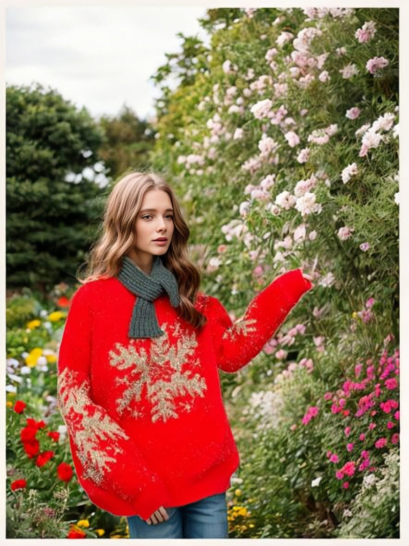 Women's Chunky Knit Sweater with Festive Snowflake Motif and Wide Sleeves