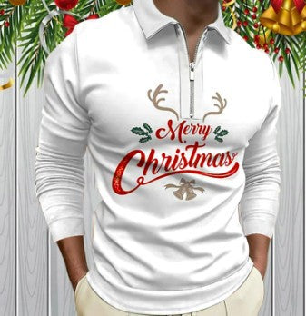 Men's Christmas Long-Sleeve Shirt with Festive Graphic Design and Practical Zipper R&B