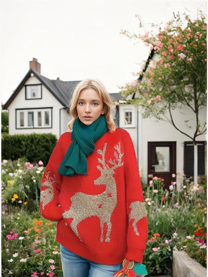 Women's Chunky Knit Sweater with Festive Snowflake Motif and Wide Sleeves