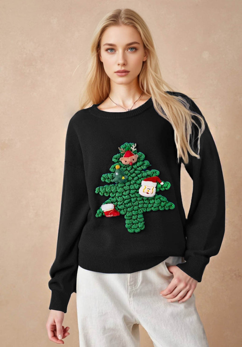 Women's Christmas Sweater with 3D Fir Tree Design