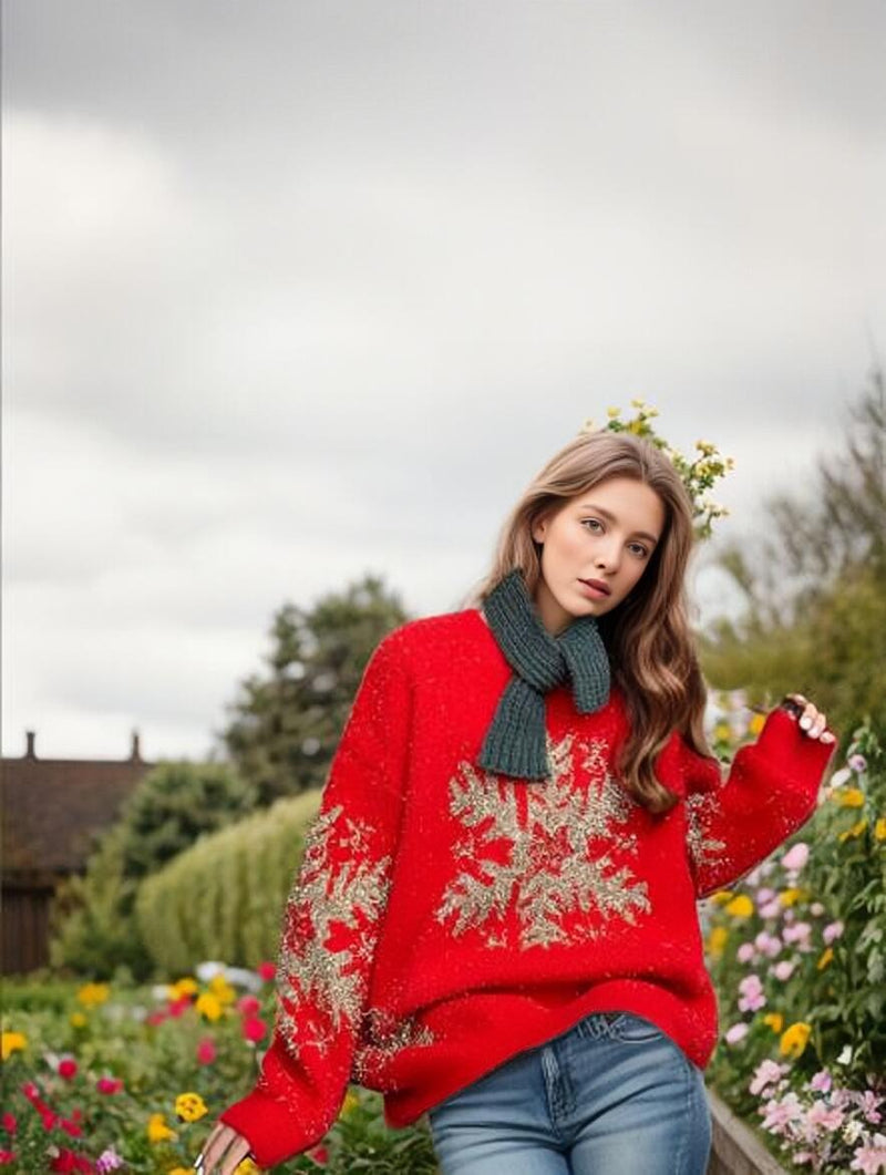 Women's Oversized Knit Sweater with Festive Design