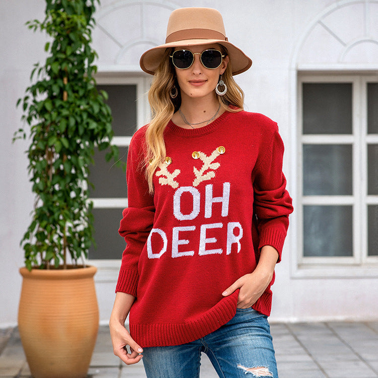Women's Oversized Knit Sweater with Festive Motif R&B