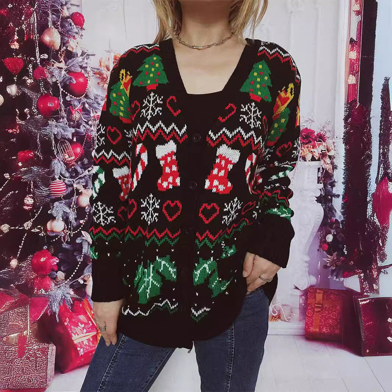 Women's Christmas Cardigan with Festive Motif and Practical Button Closure R&B