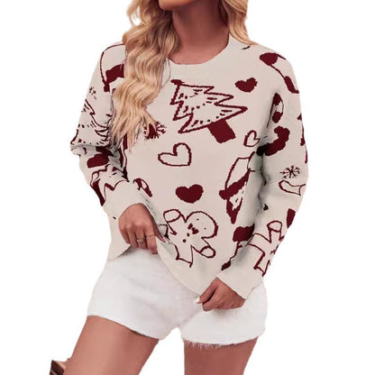 Women's Christmas Sweater with Festive Motifs and Crew Neck