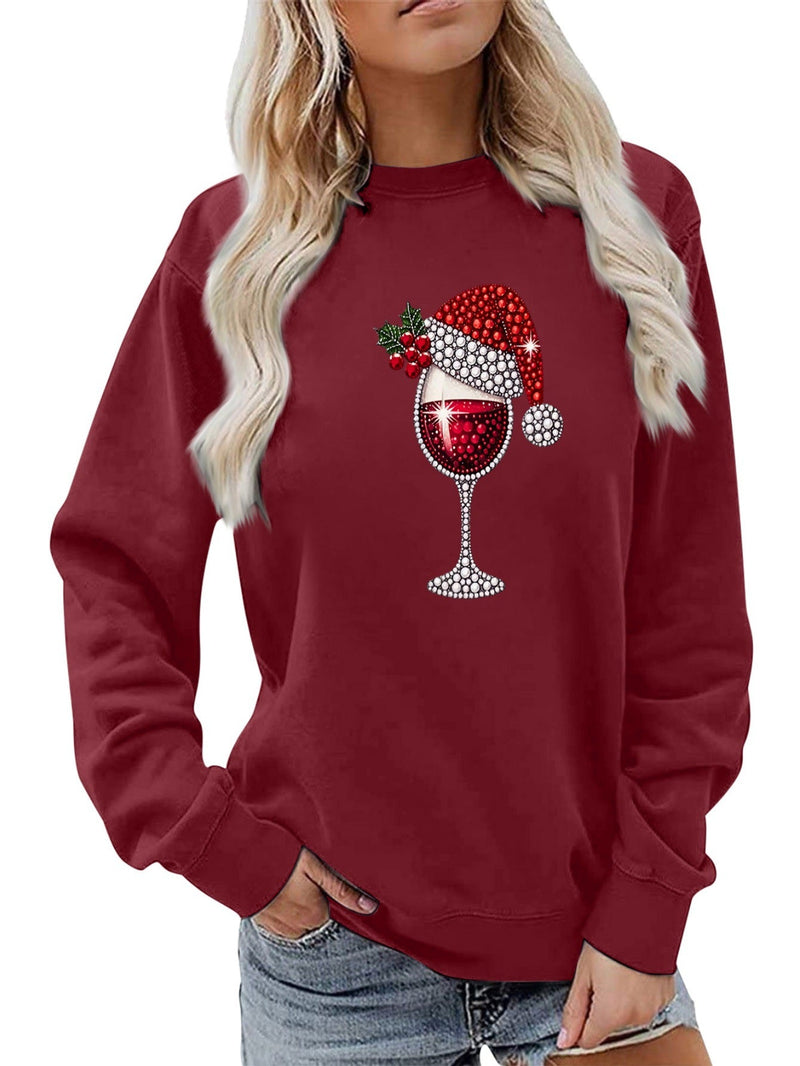 Women's Sweatshirt with Soft Lining and Festive Wine Motif