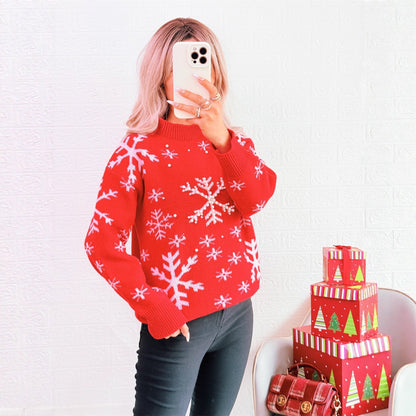 Women's Christmas Sweater with Festive Snow Pattern and High Collar R&B