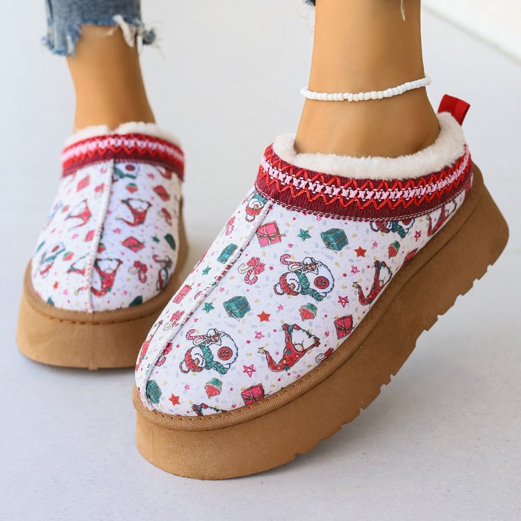 Women's Lined Platform Slippers with Christmas Print and Faux Fur Collar