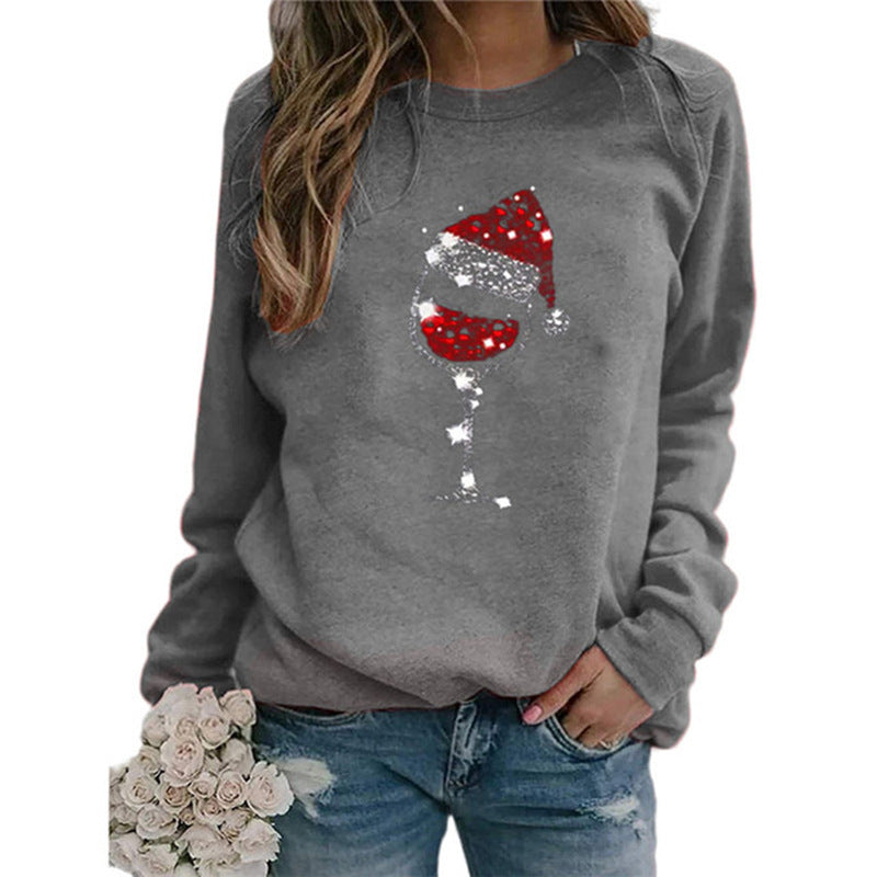 Women's Christmas Sweatshirt with Sequin Wine Glass and Crew Neck