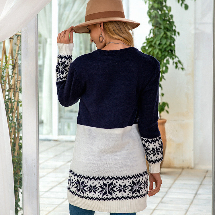 Women's Christmas Sweater with Festive Reindeer Design and Modern Cable Patterns