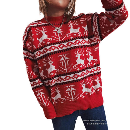 Women's Christmas Sweater in Festive Norwegian Pattern with Crew Neck