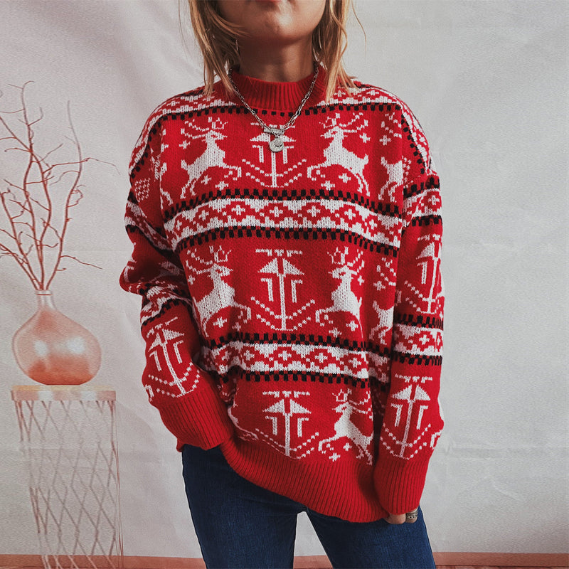 Women's Christmas Sweater in Festive Norwegian Pattern with Crew Neck R&B