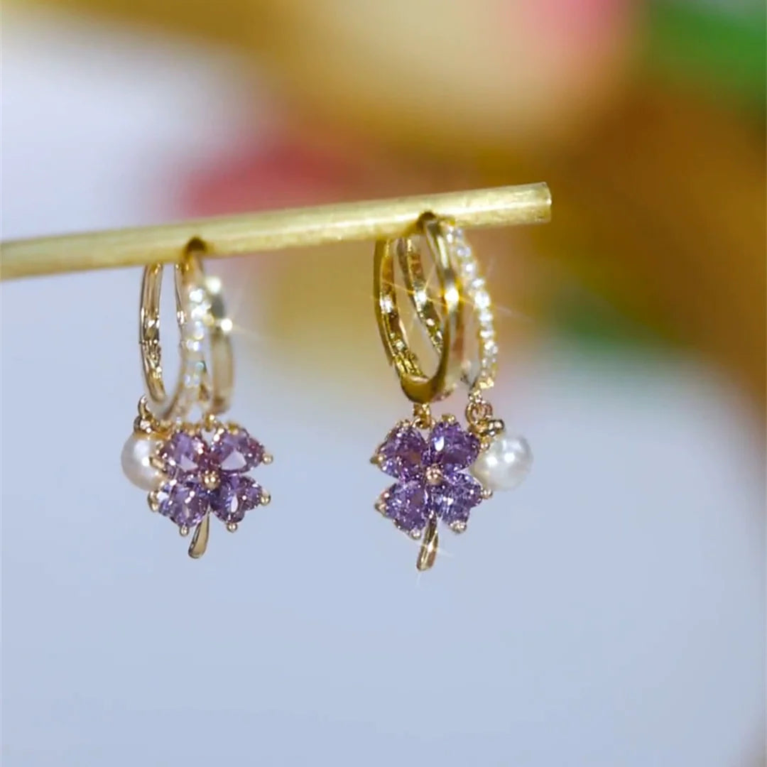 Zelda Purple Clover Pearl Earrings