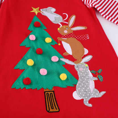Girls' Cotton Dress with Festive Animal and Christmas Tree Design R&B