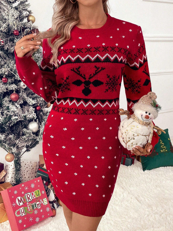 Women's Festive Knit Dress with Christmas Motif and Crew Neck