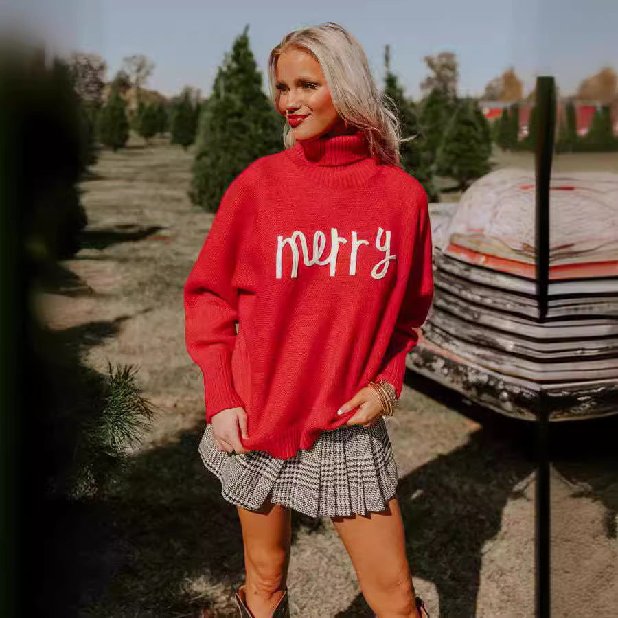 Women's Turtleneck Sweater with Fun Christmas Motif