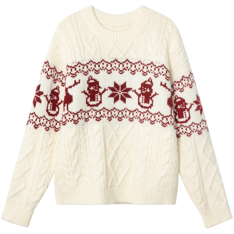 Women's Christmas Sweater with Festive Cable Pattern and Snowman Motif R&B