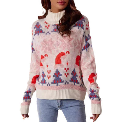 Women's Christmas Sweater with Festive Design and High Collar