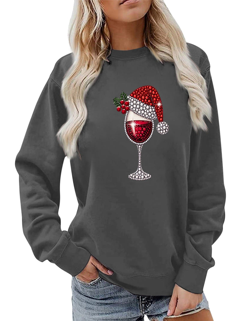 Women's Sweatshirt with Soft Lining and Festive Wine Motif