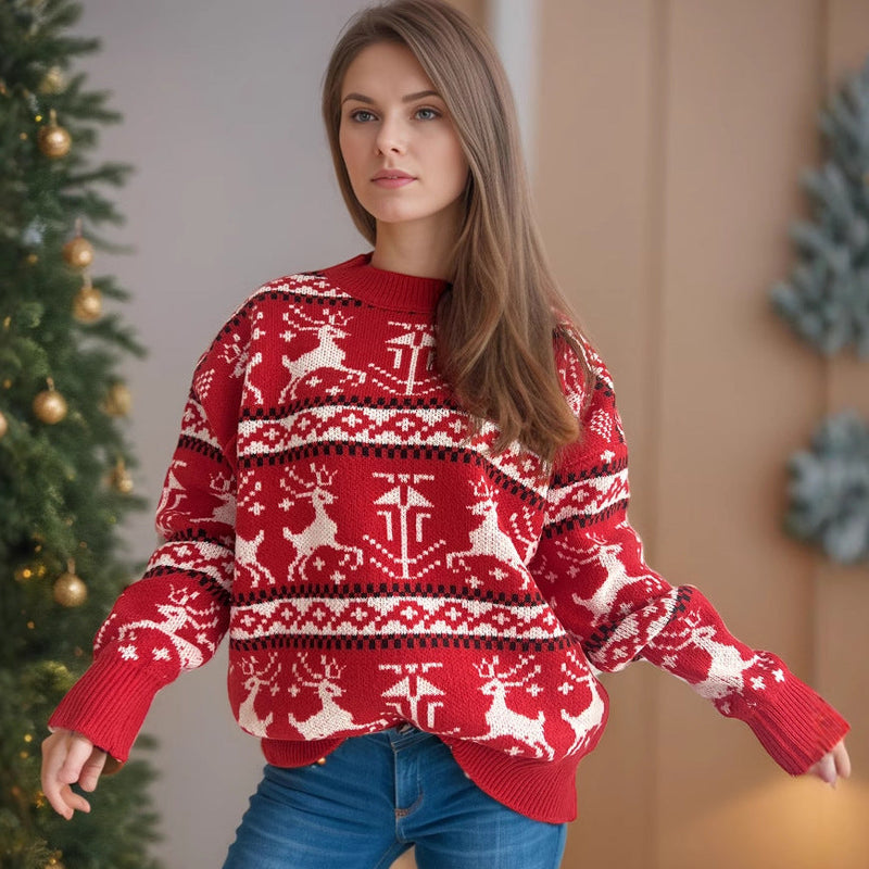 Women's Christmas Knit Sweater with Festive Reindeer Design and High Collar R&B