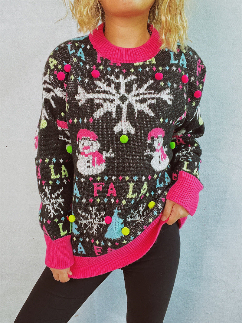 Women's Christmas Sweater with Colorful Appliqués and Festive Design