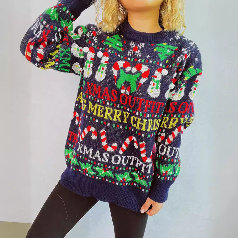 Women's Christmas Sweater with Colorful Motifs and Fun Appliqués
