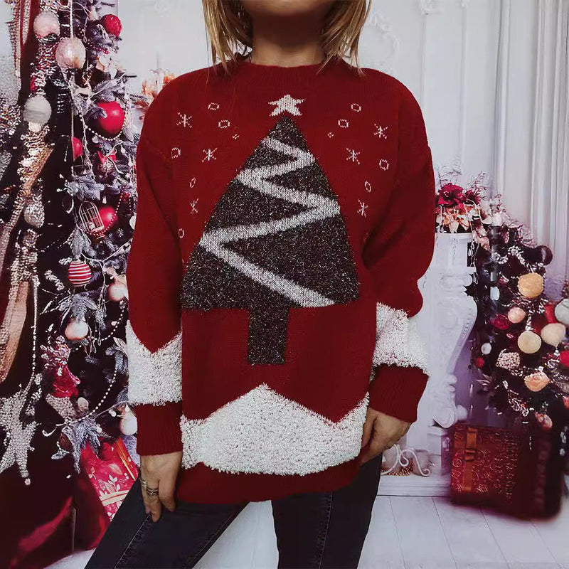 Women's Christmas Sweater with Glittering Tree Motif and Cozy Texture R&B