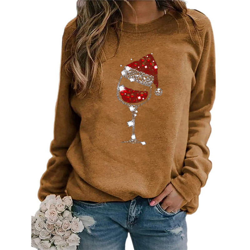 Women's Christmas Sweatshirt with Sequin Wine Glass and Crew Neck