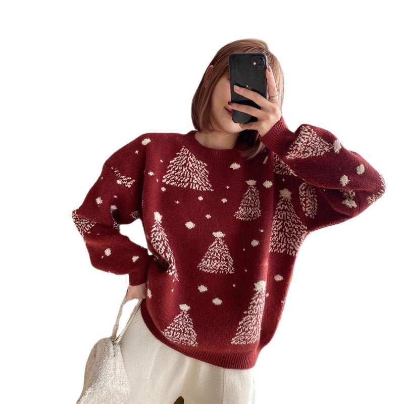Women's Cozy Sweater with Christmas Tree Pattern