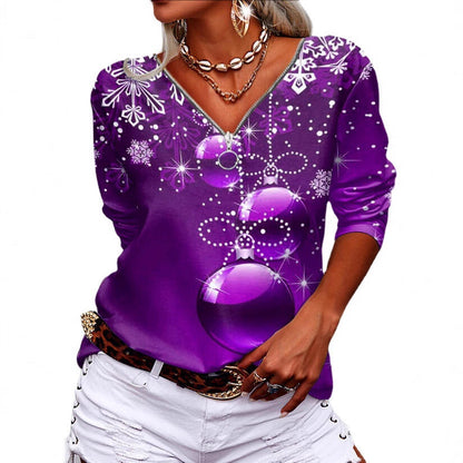 Women's Casual V-Neck Long Sleeve with Festive Ball and Snowflake Print