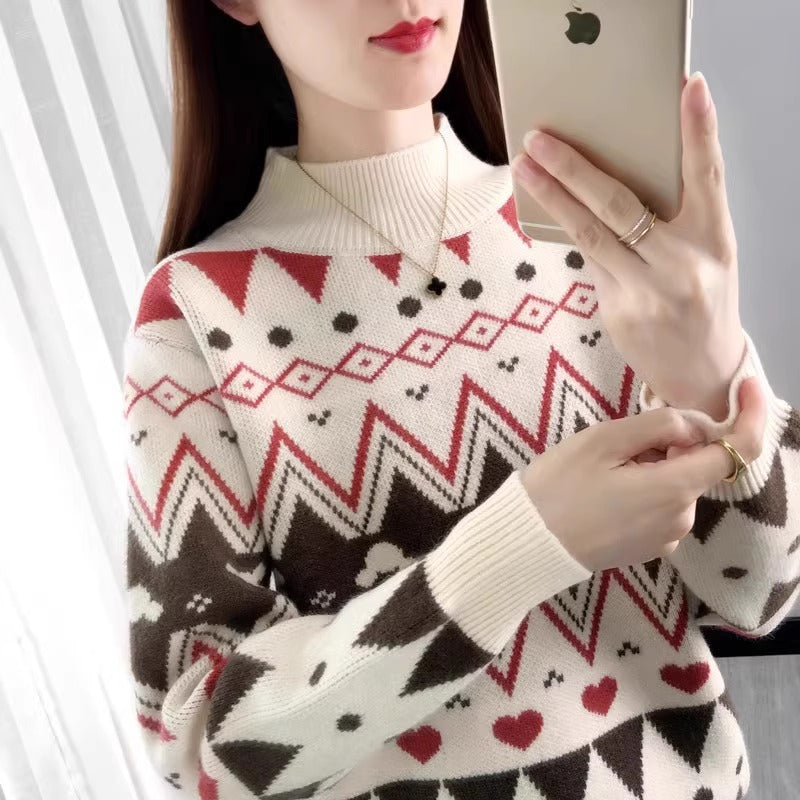 Women's Festive Knit Sweater in Modern Christmas Design with Geometric Pattern and Comfortable Crew Neck