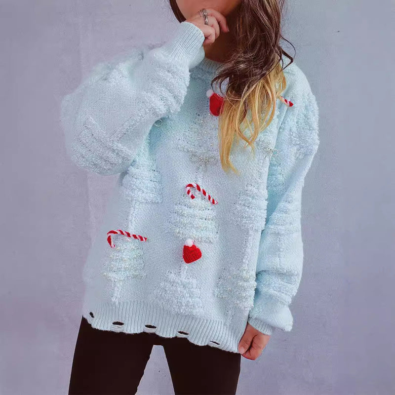 Women's Festive Sweater with Creative Christmas Motifs and Textured Design R&B
